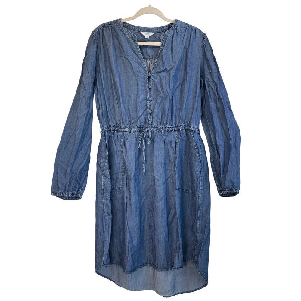 Time And Tru Womens L(12-14) Blue Chambray Pockets VNeck LongSleeve Hobo Dress